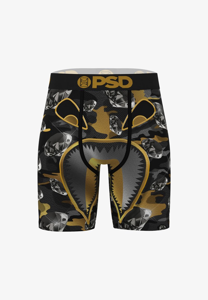 Boxer aderenti neri e dorati con motivo mimetico e dettagli a rombi. Vita elastica con logo "PSD" nella parte superiore.