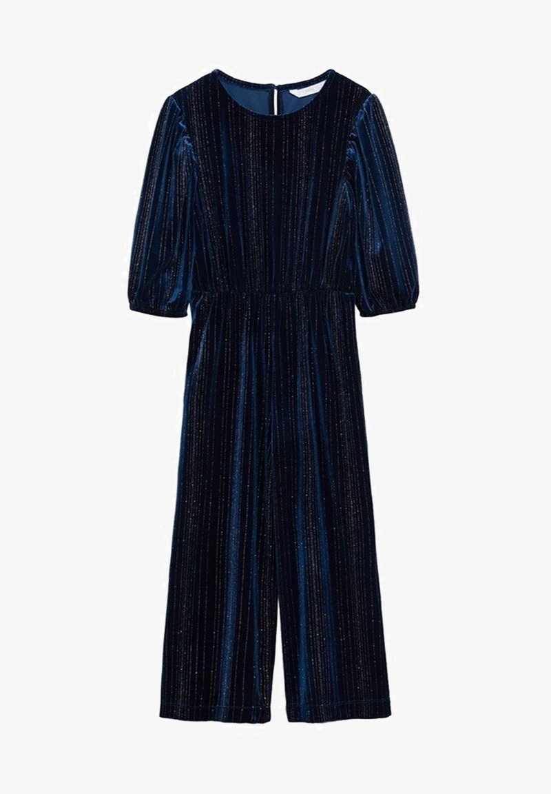 Combinaison en velours bleu marine avec fines rayures métalliques verticales, manches bouffantes jusqu'au coude, encolure ronde et taille élastiquée.