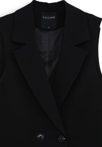 Blazer senza maniche nero con colletto a lancia, chiusura doppiopetto e fodera interna liscia. Realizzato in un tessuto strutturato. Taglia S.