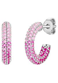 Gyűrűs fülbevalók, rózsaszín és fukszia kövekből készült színátmenettel, ezüstszínű fém alapra szerelve, texturált felülettel és biztonságos hátlappal.