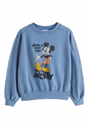 Niebieska bluza z Myszką Miki w czerwonych spodenkach i żółtych butach z napisem "Miłego dnia!" oraz "Mickey" pod postacią.