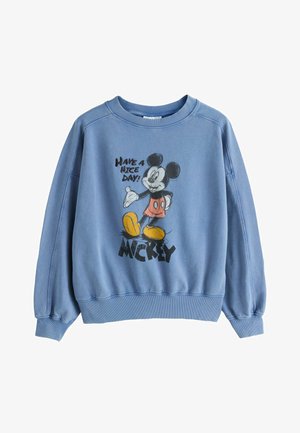 Hanorac albastru cu Mickey Mouse în pantaloni scurți roșii și pantofi galbeni, cu textul "Have a nice day!" și "Mickey" sub personaj.