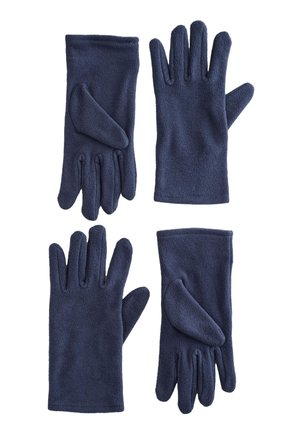 Gants en polaire bleu marine disposés en deux paires, présentant une texture douce, des doigts allongés et un détail au niveau du pouce pour une meilleure prise.