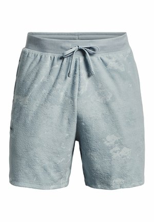 Hellblaue Frottee-Shorts mit elastischem Bund und vorderem Kordelzug, mit dezentem Batikmuster und Seitentaschen.