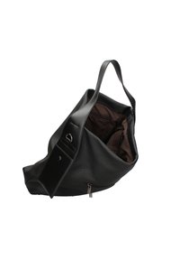 Borsa a tracolla in pelle nera con esterno testurizzato, tracolla singola, apertura con zip e rivestimento interno marrone con numerose tasche.