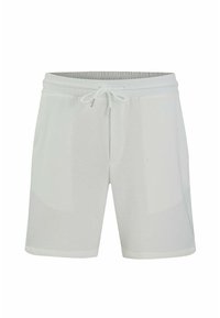Shorts blancs en tissu léger, dotés d'une taille élastique avec cordon de serrage et de poches latérales. Texture lisse et design simple.
