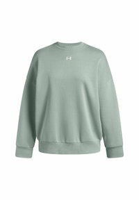 Mint green sweatshirt made of soft material, featuring a crew neck, dropped shoulders, ribbed cuffs, and a small pink logo on the chest.