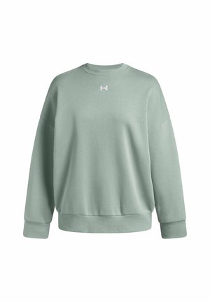Mint green sweatshirt made of soft material, featuring a crew neck, dropped shoulders, ribbed cuffs, and a small pink logo on the chest.