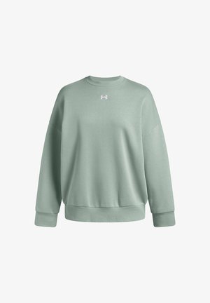 Mint green sweatshirt made of soft material, featuring a crew neck, dropped shoulders, ribbed cuffs, and a small pink logo on the chest.