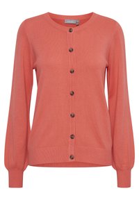 Cardigan corail en tissu doux, avec un col rond, des manches longues bouffantes et des boutons marron sur le devant. Détails côtelés aux poignets.