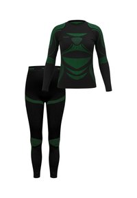 Thermal activewear set featuring a black long-sleeve top and fitted leggings. Green decorative patterns and textured accents throughout.