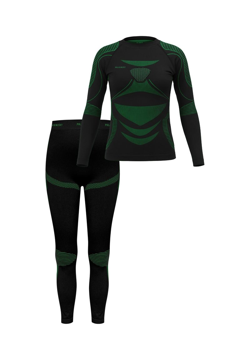 Thermal activewear set featuring a black long-sleeve top and fitted leggings. Green decorative patterns and textured accents throughout.
