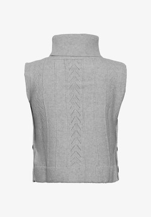 Gray sleeveless turtleneck sweater with a ribbed collar, featuring a textured zigzag pattern and side button accents.