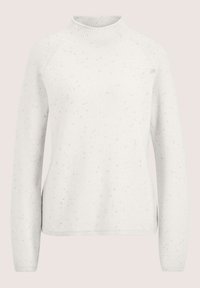 Weiß melierter Strickpullover mit langen Ärmeln, geripptem Stehkragen und gerippten Bündchen und Saum.