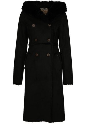 Long manteau noir en laine à double boutonnage avec grand col en fourrure et détails de boutons, descendant sous le genou, manches longues et poches latérales.