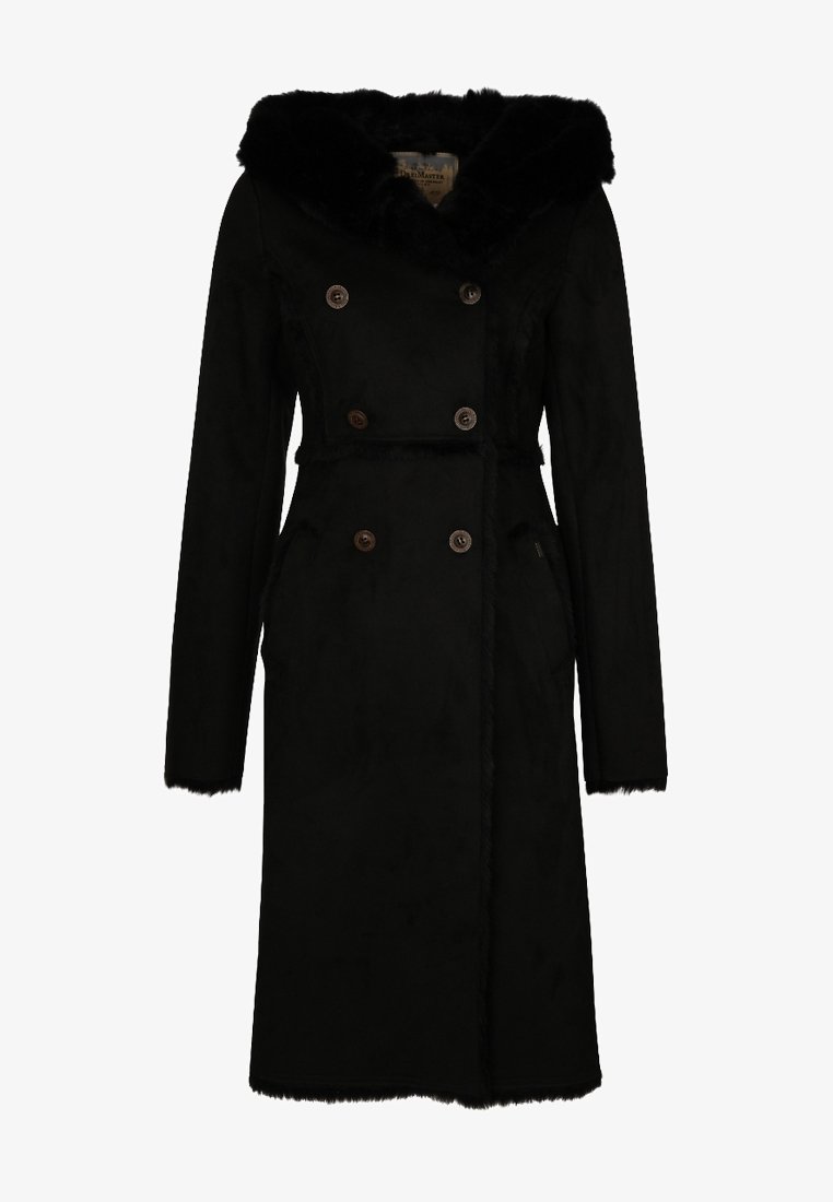 Long manteau noir en laine à double boutonnage avec grand col en fourrure et détails de boutons, descendant sous le genou, manches longues et poches latérales.