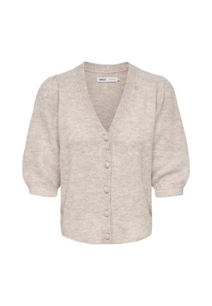 Jasnobeżowy krótki kardigan z krótkim rękawem, z dekoltem w serek, prążkowanymi mankietami i dołem oraz guzikami obciągniętymi materiałem z przodu.