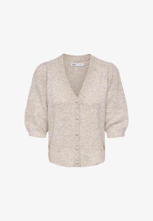 Cardigan beige clair à manches courtes avec col en V, poignets et ourlet côtelés, et boutons recouverts de tissu sur le devant.