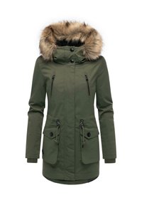 Giacca parka verde oliva con cappuccio foderato in pelliccia sintetica, due tasche sul petto con zip e vita regolabile con cordino. Tessuto impermeabile.