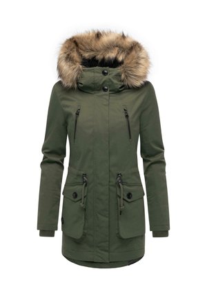 Olivgrüne Parka-Jacke mit Kapuze aus Kunstpelz, zwei Reißverschlusstaschen auf der Brust und verstellbarem Kordelzug in der Taille. Wasserdichtes Material.