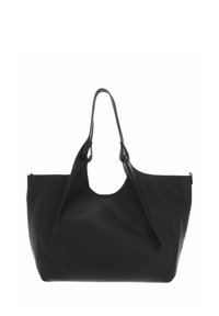 Zwarte leren tote bag met een geprofileerd oppervlak, twee lange handvatten, een brede opening en een subtiele stiksels langs de randen.