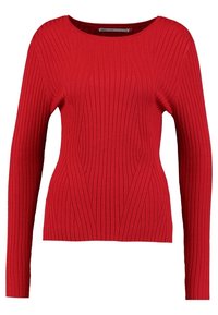 Maglione rosso a maniche lunghe in maglia a coste con scollatura a girocollo e vita aderente.