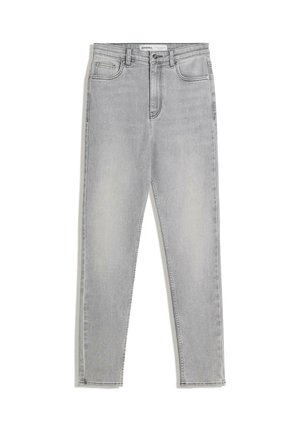 Jeans in denim grigio chiaro con una silhouette aderente, cinque tasche e vita alta. Le aree sbiadite migliorano la texture complessiva.