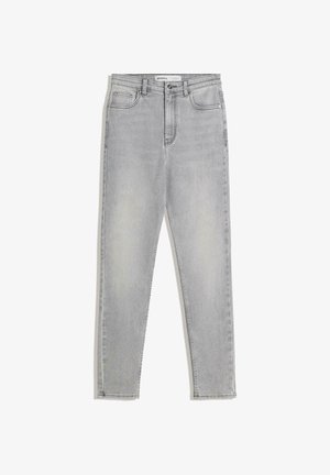 Hellgraue Denim-Jeans mit einer figurbetonten Silhouette, fünf Taschen und einer hoch geschnittenen Taille. Ausgewaschene Stellen betonen die Gesamtstruktur.