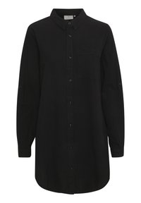 Chemise noire à boutons avec col, manches longues, poche poitrine et ourlet arrondi. Confectionnée en tissu léger, avec des boutons noirs simples.