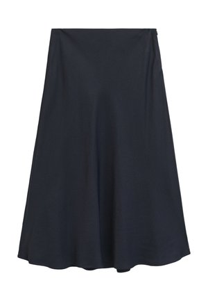 Navy A-line skirt made of soft fabric, below the knee length with a smooth texture, and a simple, unadorned design.