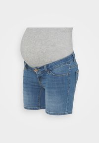 Těhotenské džíny kraťasy ve světle modré barvě se přiléhavým pasem, který obsahuje šedou žerzejovou část. Design s pěti kapsami a žlutými švy.