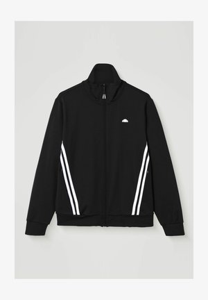 Črna jakna z zadrgo in visokim ovratnikom, z dvema belima navpičnima črtama na vsaki strani in malim belim polkrožnim logotipom na prsih.