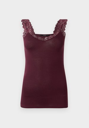 Burgundy tank top with lace trim along the V-neckline and shoulder straps. Soft texture and fitted design. No patterns or hardware visible.