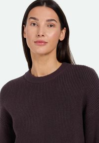 Dark purple ribbed sweater with a crew neckline and relaxed fit. Soft texture, featuring long sleeves and subtle stitching details.