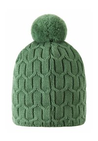 Cappello lavorato a maglia verde con un motivo testurizzato e un soffice pom-pom sulla cima. Presenta un aspetto accogliente simile alla lana.