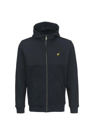 Sweat à capuche zippé bleu marine avec poches avant, capuche à cordon, poignets côtelés et petit logo aigle jaune sur la poitrine gauche.