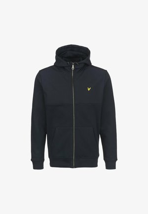 Sweat à capuche zippé bleu marine avec poches avant, capuche à cordon, poignets côtelés et petit logo aigle jaune sur la poitrine gauche.