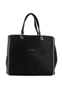 Borsa a mano rettangolare nera con doppie maniglie, dettagli in occhio di bue argentati sui lati e logo "CULT" in lettere argentate sul fronte.