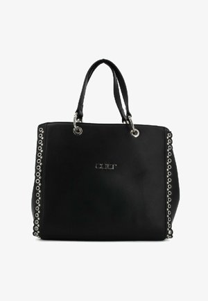 Borsa a mano rettangolare nera con doppie maniglie, dettagli in occhio di bue argentati sui lati e logo "CULT" in lettere argentate sul fronte.