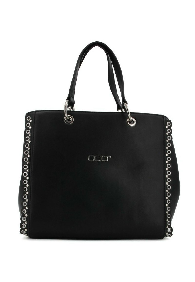 Borsa a mano rettangolare nera con doppie maniglie, dettagli in occhio di bue argentati sui lati e logo "CULT" in lettere argentate sul fronte.
