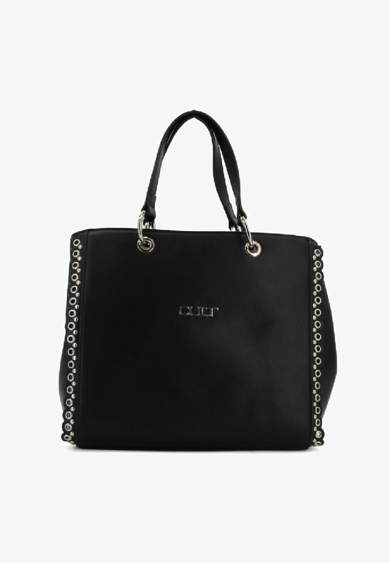 Borsa a mano rettangolare nera con doppie maniglie, dettagli in occhio di bue argentati sui lati e logo "CULT" in lettere argentate sul fronte.