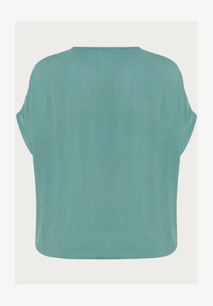 Palaidi, trumpomis rankovėmis marškinėliai iš minkštos teal spalvos medžiagos, su apvalia iškirpte ir lygaus paviršiaus, tiesaus kirpimo nugara.