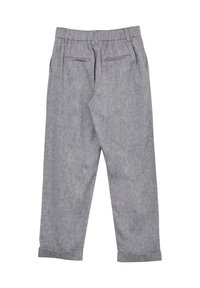 Pantaloni in lino grigio con una finitura strutturata, caratterizzati da una vestibilità comoda, una vita elasticizzata e due tasche frontali. Le estremità con risvolto completano il design.
