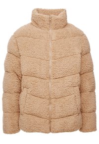 Beige sherpa fleecejakke med høj krave, fuld frontlynlås, lange ærmer og to frontlommer.
