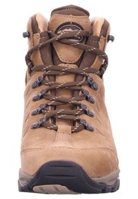 Brown suede hiking boot with textured upper, metal eyelets, and brown laces. High ankle support and a rugged rubber sole for traction.