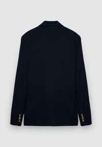 Navy blazer made of fabric with a smooth texture. Features a notched collar and four gold-button accents on the cuffs, back view shown.