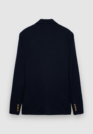 Marineblazer aus Stoff mit glatter Textur. Verfügt über einen Reverskragen und vier goldene Knöpfe an den Manschetten, Rückansicht gezeigt.