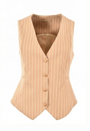 Chaleco sin mangas beige a rayas finas con un escote en V profundo, cuatro botones con patrón y detalles entallados en la cintura.