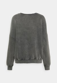 Dark gray long-sleeve sweatshirt with ribbed cuffs, hem, and crew neckline, shown from the back against a white background.