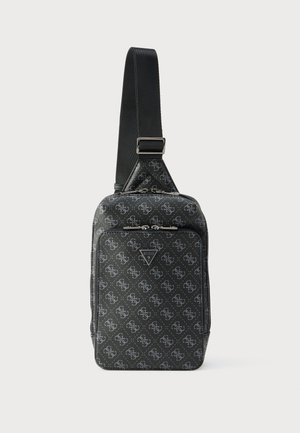 Black nylon sling bag with a geometric logo pattern, zip closure, and adjustable strap. Features a triangular logo accent on the front.